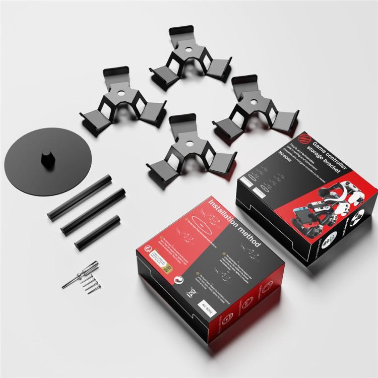 Controller stand parts kit with base plate, rods, arm holders, screws, and instruction boxes