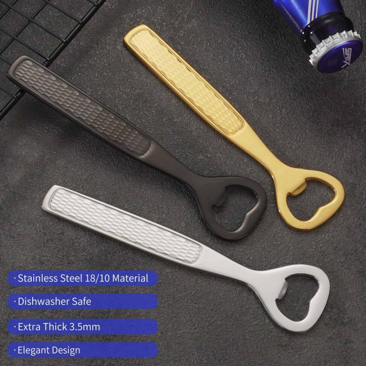 Heart-shaped wine bottle openers with textured handles in silver, black, and gold