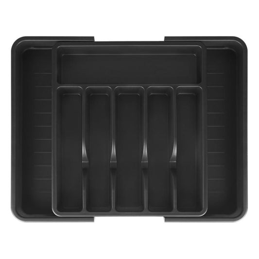 Black expandable divided cutlery storage box with nested interior slots and compartments.