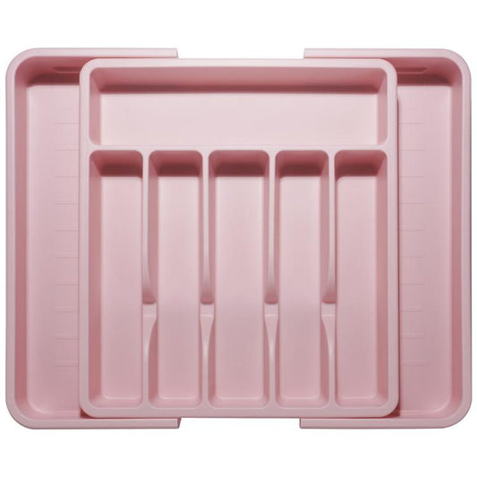 Pink expandable divided cutlery storage box with nested interior slots and compartments.