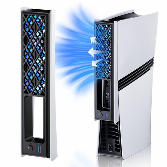 PS5 slim rear cooling fan attachment, black grille with blue RGB lights and USB ports