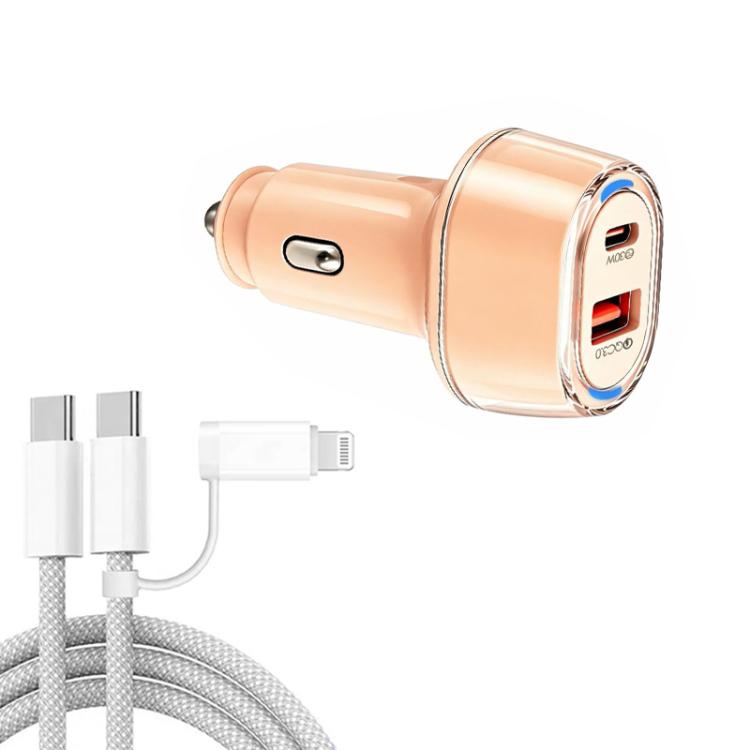 Champagne gold USB car charger with Type-C to 8-pin data cable and braided cable