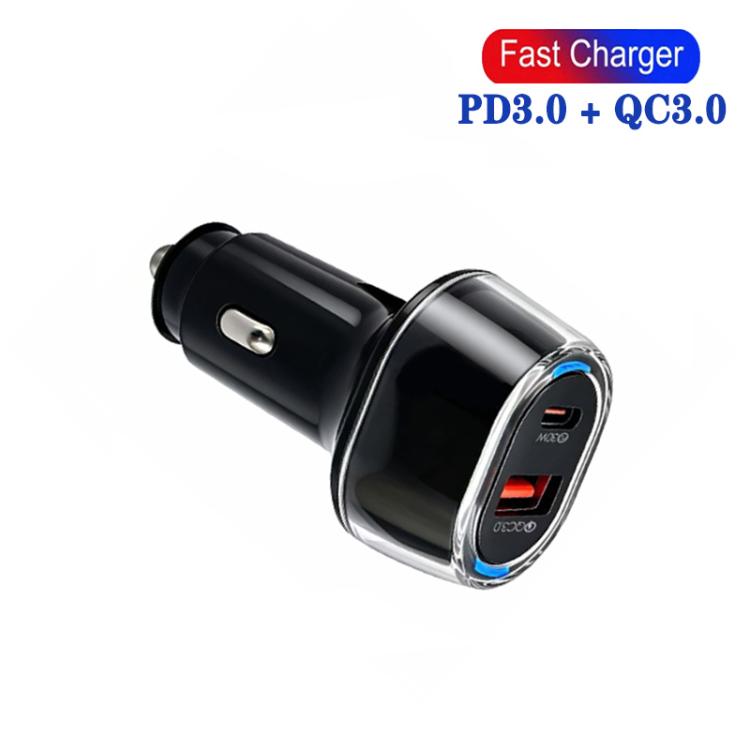 Black USB car charger with Type-C and 8-pin output ports, compact cylindrical design