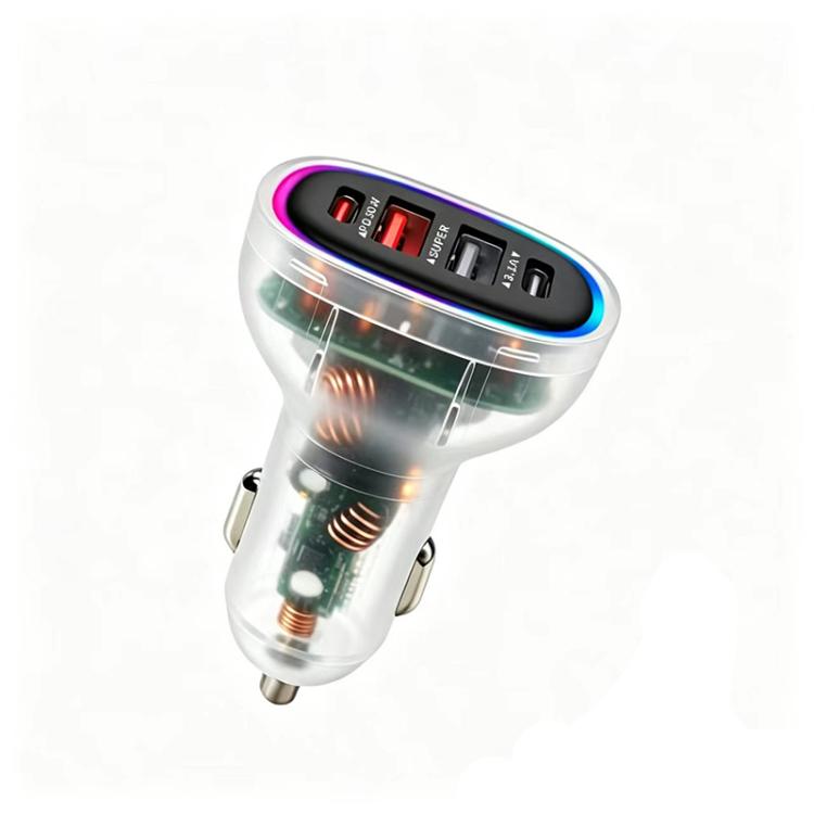 Transparent white multi-port car charger with USB-C and USB-A outputs