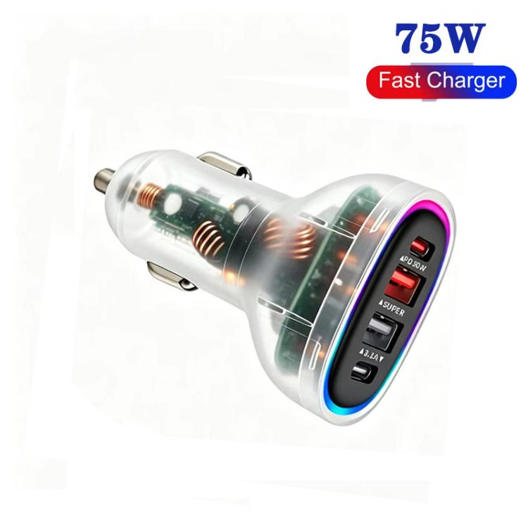 Transparent white car charger with LED ring and USB-C plus USB-A ports