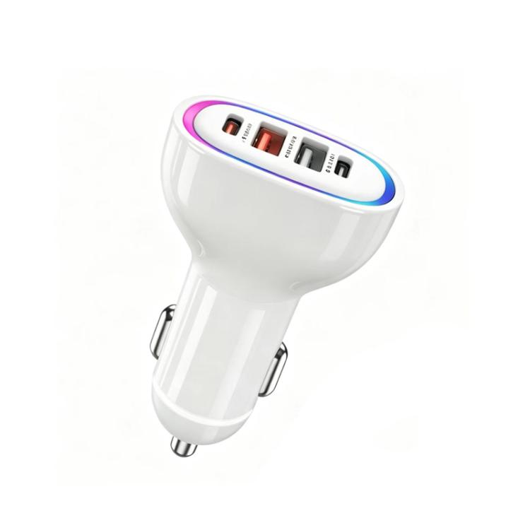 White multi-port car charger with USB-C and USB-A outputs, LED accent ring