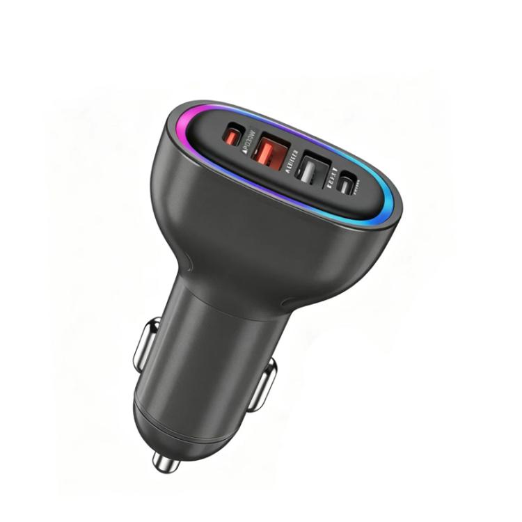 Black multi-port car charger with LED ring and USB-C plus USB-A ports