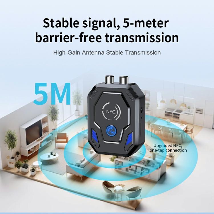 Black NFC Bluetooth audio transceiver with twin antenna prongs and blue power button