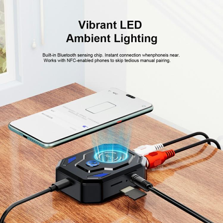 Black Bluetooth audio transceiver with connected audio and power cables, NFC icon