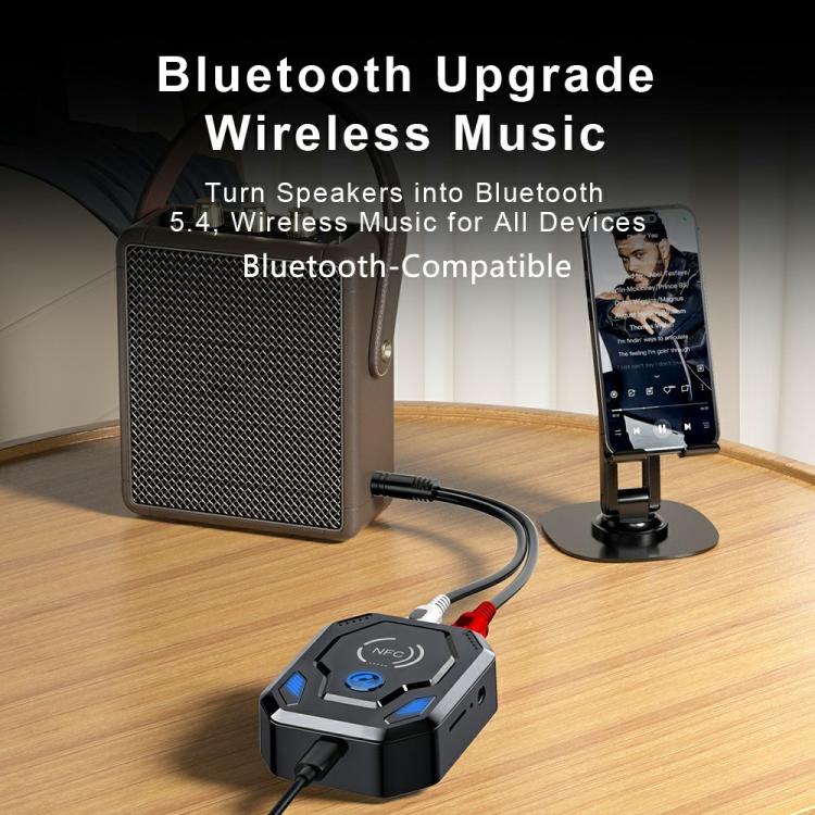 Bluetooth audio transceiver with NFC button connected to a speaker via cable