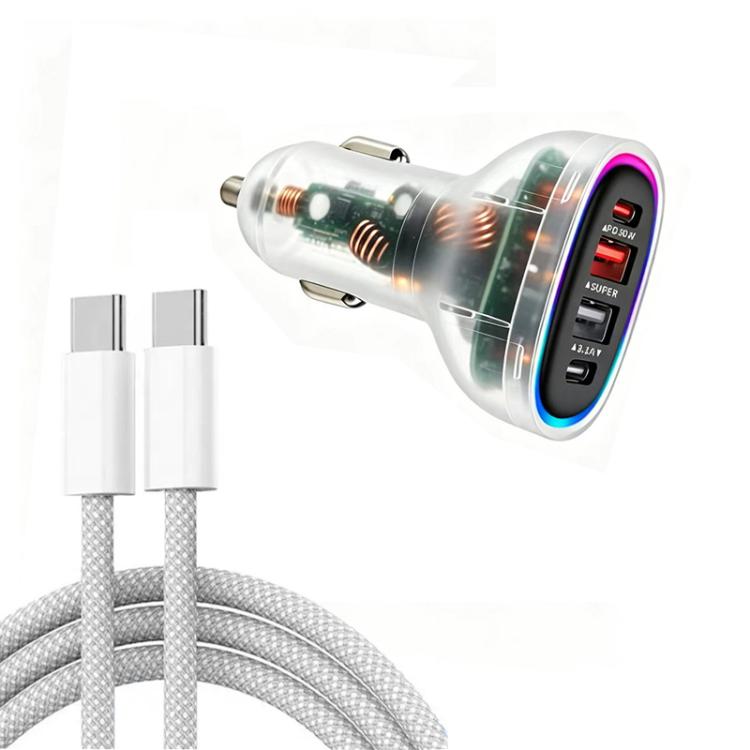 White car charger with dual USB and Type-C ports plus Type-C data cable, transparent design