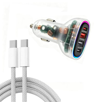 White car charger with dual USB and Type-C ports plus Type-C data cable, transparent design