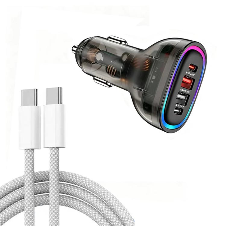Black car charger with dual USB and Type-C ports plus braided Type-C data cable