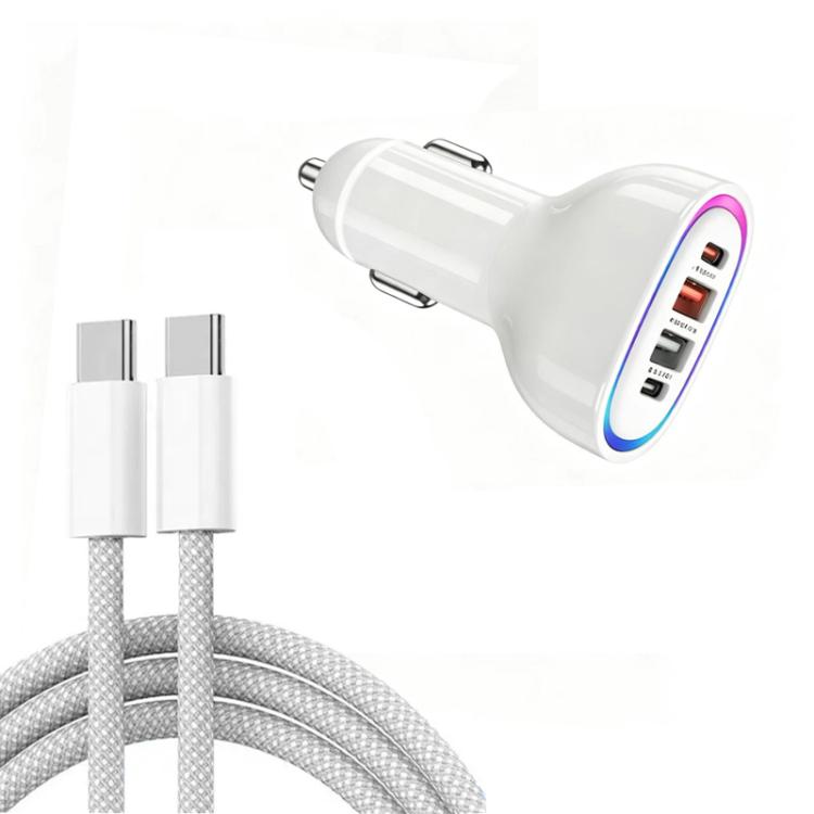 White car charger with Type-C and USB ports, transparent housing, Type-C data cable