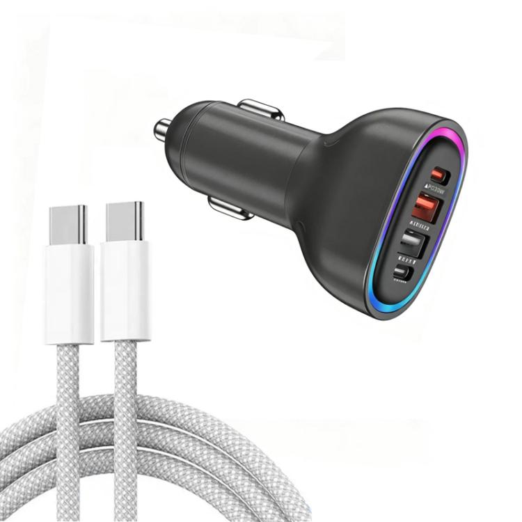 Black car charger with Type-C and USB ports, transparent oval light ring design