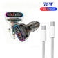 Two-tone car charger with Type-C and dual USB ports and braided Type-C cable