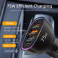 Black car charger with Type-C and USB ports and colored LED ring on side panel