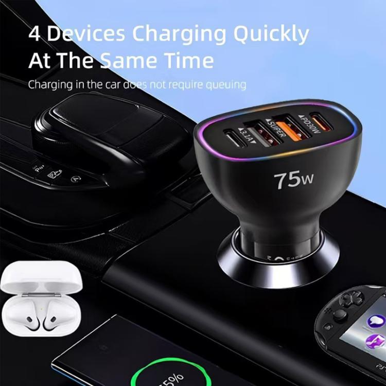 Black multi-port car charger with Type-C and USB ports, 75W-capable design