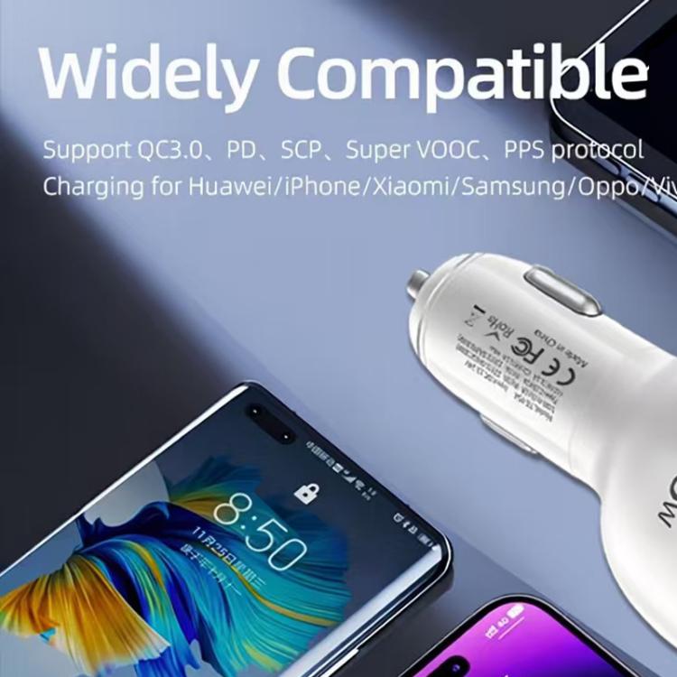 White car charger with Type-C and USB ports beside devices on a charging surface