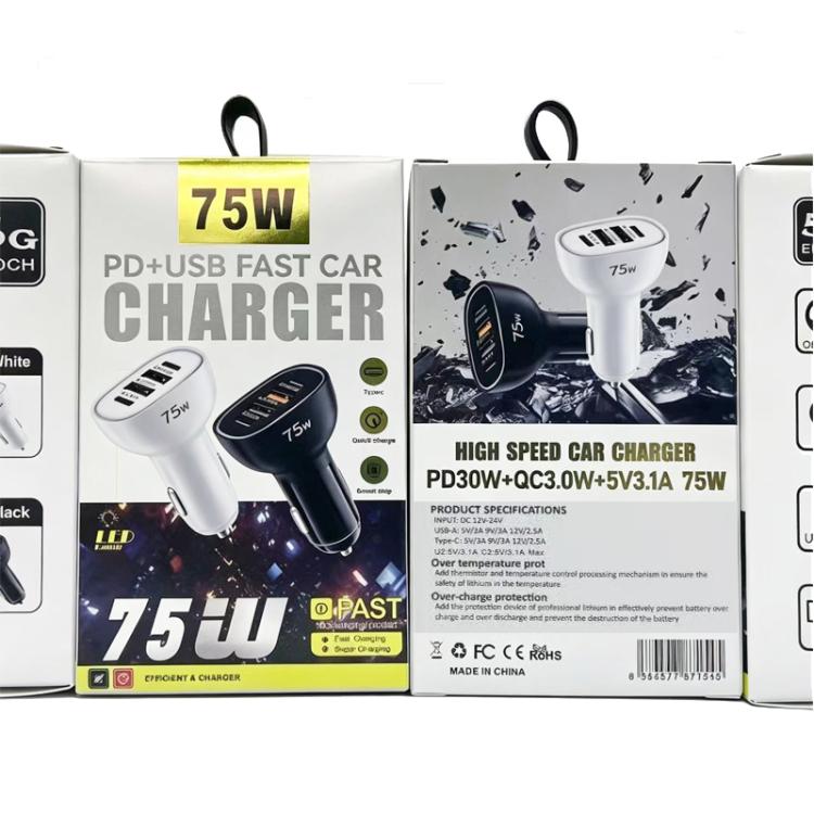 75W USB-C car charger retail box showing dual ports for fast charging