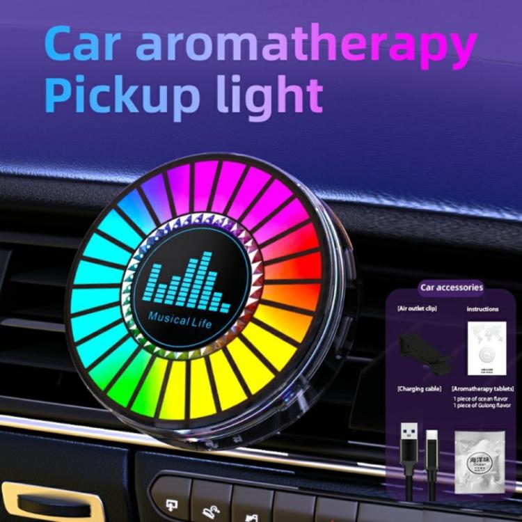 Car air vent aroma diffuser light with colorful LED ring; mounted in dashboard vent.