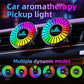 Two car air vent RGB aroma diffuser lights with multicolor LED rings in a row.