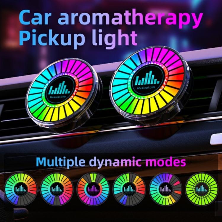 Two car air vent RGB aroma diffuser lights with multicolor LED rings in a row.