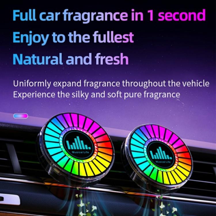 Two car air vent aroma diffuser lights with multicolor RGB LED rings on the dashboard.
