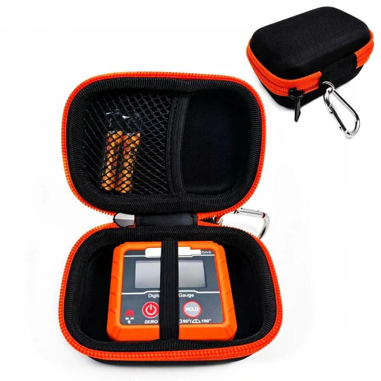 Hard-shell digital angle gauge case, black with orange trim, opened view with holder