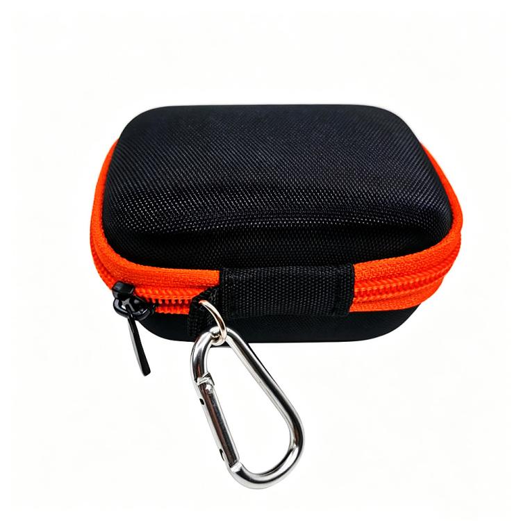 Hard-shell angle gauge case with carabiner clip, black textured exterior, orange trim