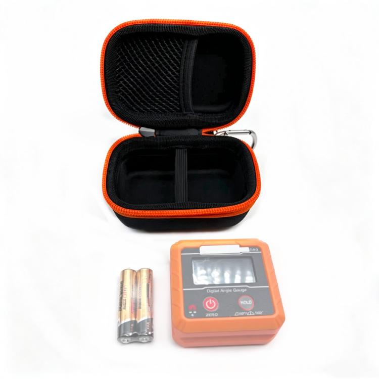 Hard-shell storage case for angle gauge, orange-edged shell, internal slots and zipper