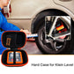 Hard-shell angle gauge case used with tool, black body with orange trim, compact open design