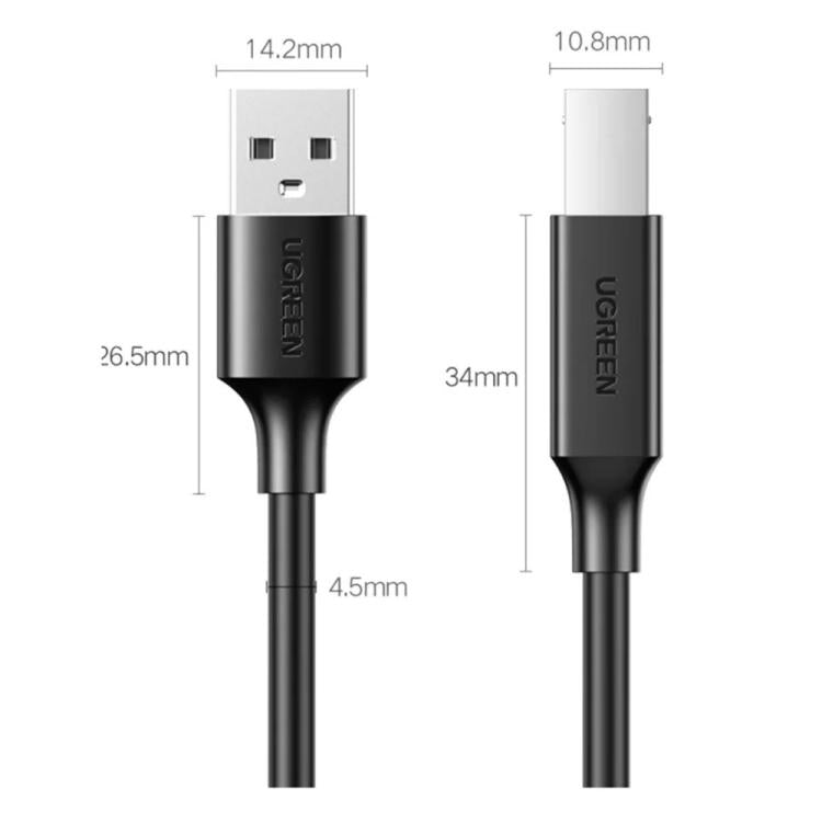 USB Type-A to square interface printer cable with length and connector size diagram