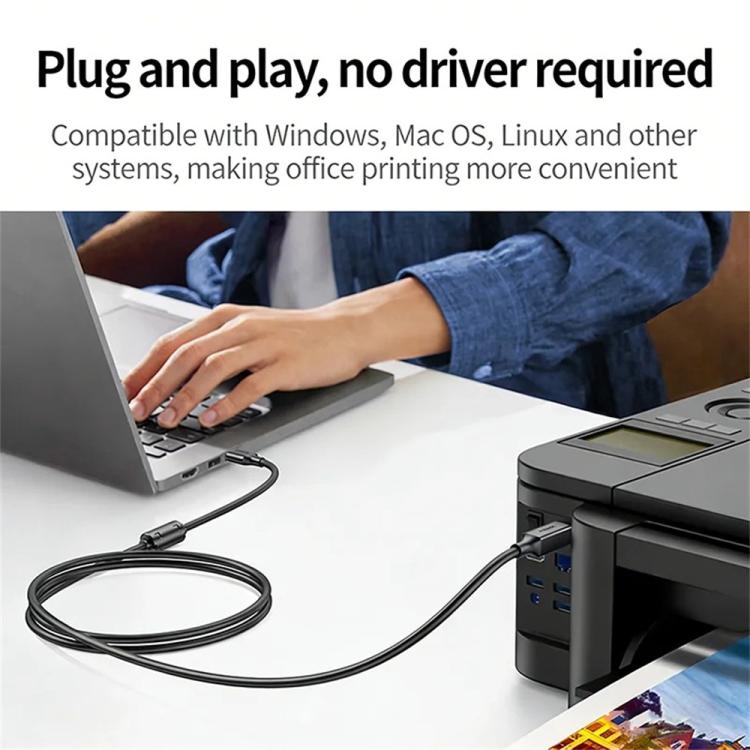 USB Type-A to square interface printer cable connected for office printing use