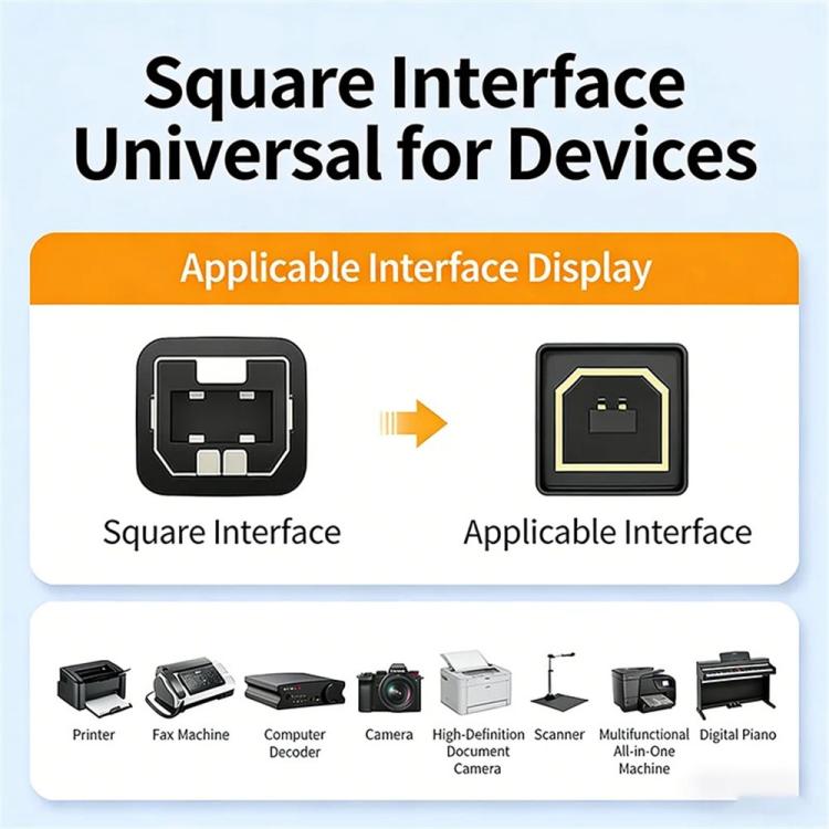 USB Type-A to square interface printer cable for compatible square-interface devices