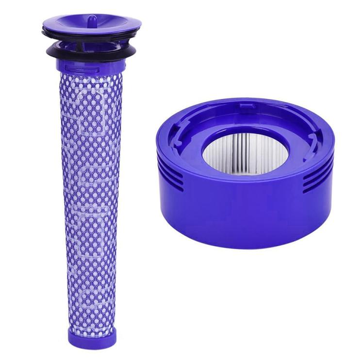 Blue vacuum post filter with purple pleated mesh and matching circular HEPA filter