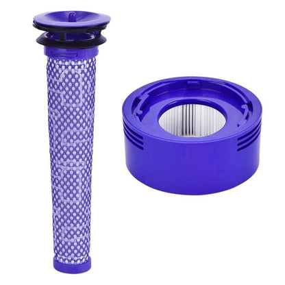 Blue vacuum post filter with purple pleated mesh and matching circular HEPA filter