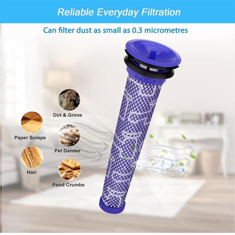Blue vacuum post filter with purple pleated mesh cylinder and circular filter cap