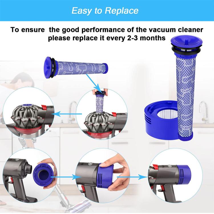 Blue vacuum replacement filters shown with purple pleated mesh cylinder and cap
