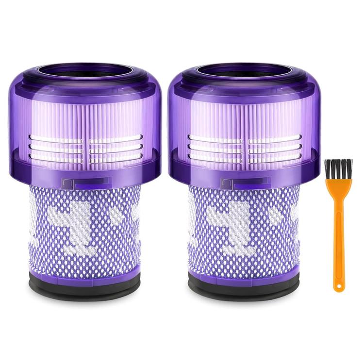 Two purple vacuum HEPA filter canisters with white pleated media and orange cleaning brush