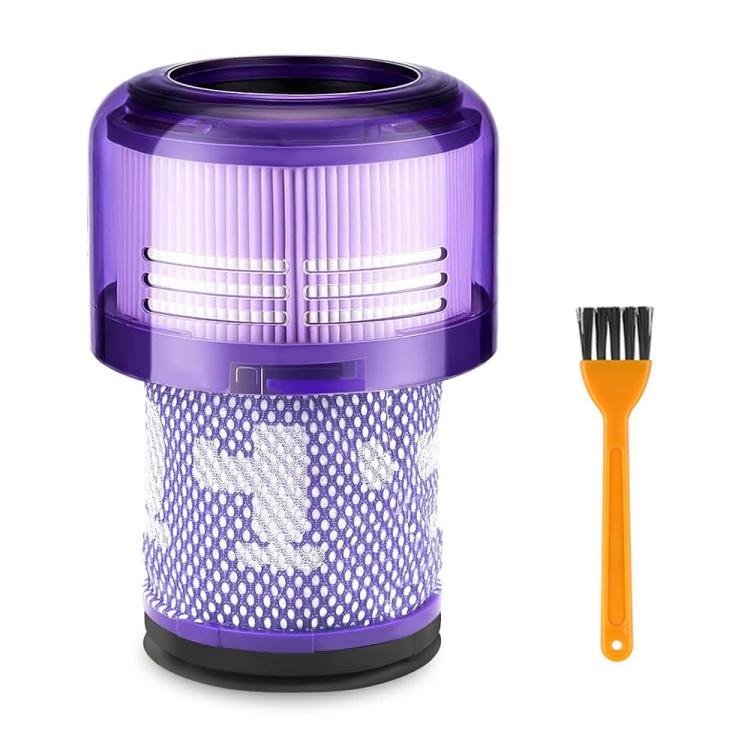 Purple vacuum HEPA filter canister with white pleated media and orange cleaning brush