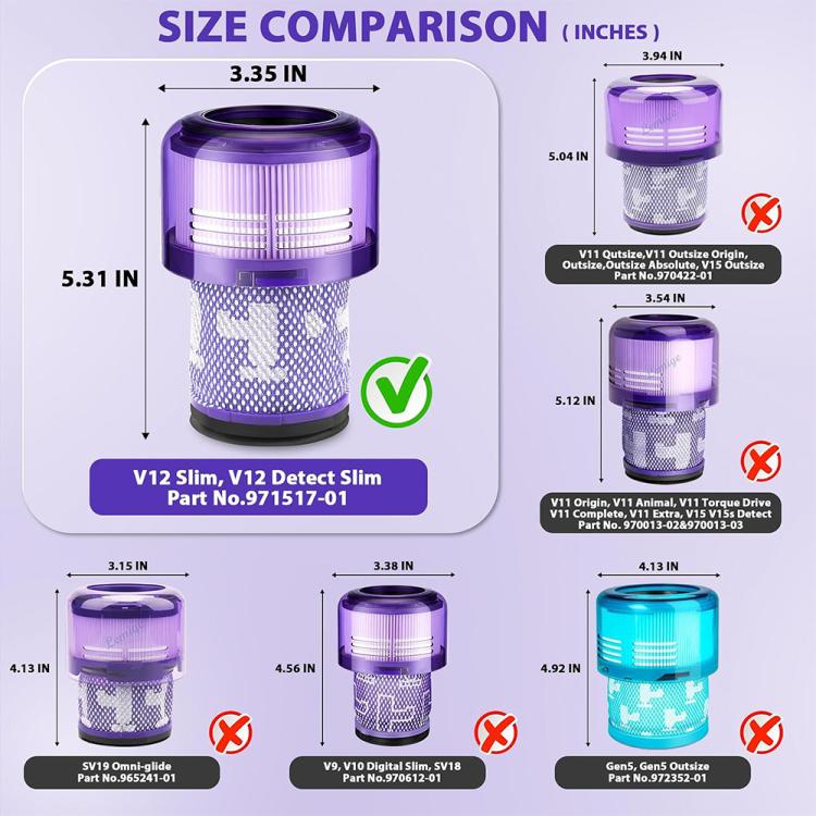 Purple vacuum filter size comparison chart with large and small filter canisters