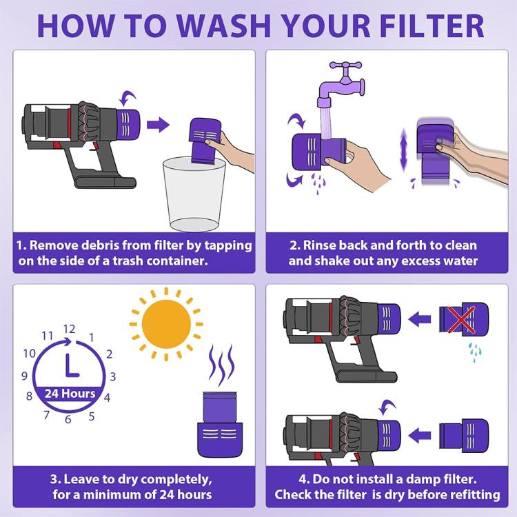 Purple vacuum filter washing guide showing rinsing and drying instructions