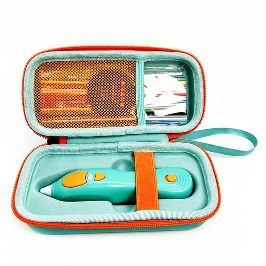 Teal hard zippered storage bag with pen inside, mesh front pocket and teal strap.