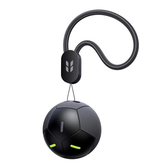 Black soccer ball smart tracker with attached lanyard and green LED indicator lights