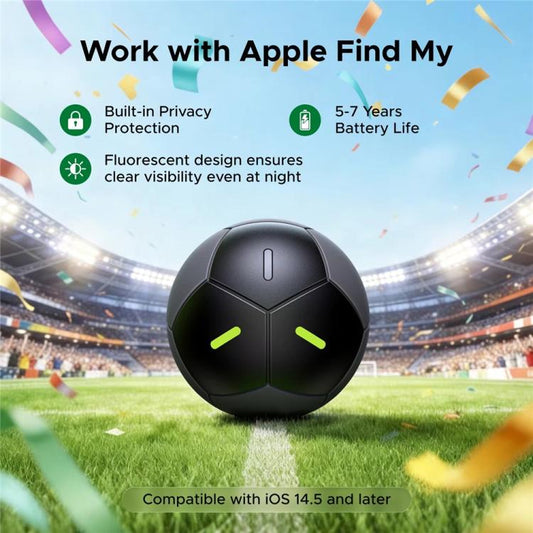 Black soccer ball smart tracker with green LED indicator lights, lanyard attached