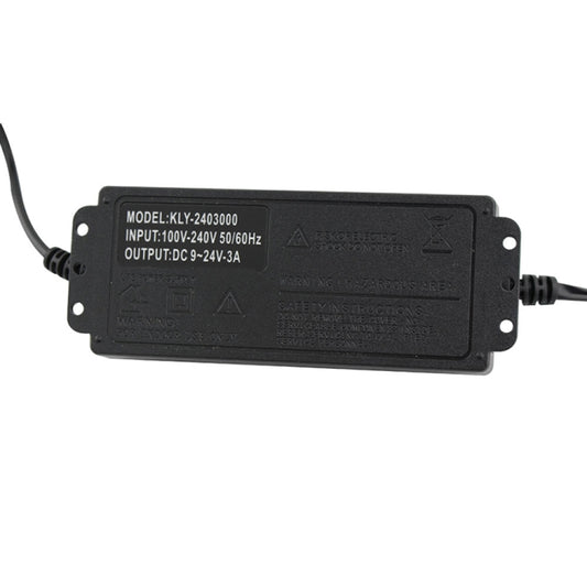 AC to DC power adapter rear panel with input and output rating text