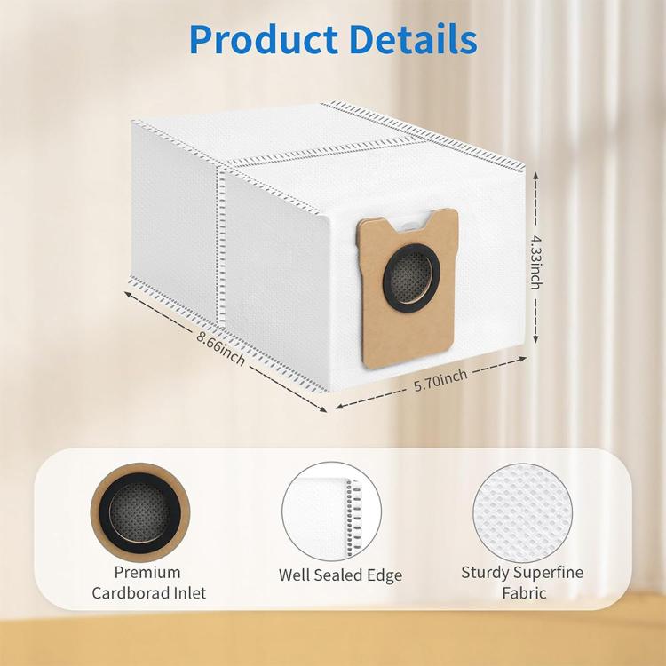 White dust bag with brown inlet patch and black circular opening, stitched edges