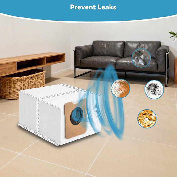 White dust bag with brown inlet patch and black circular filter, leak-prevent design