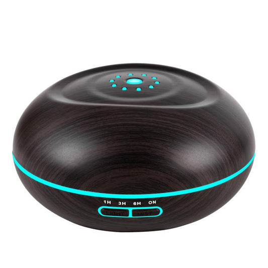 Dark woodgrain diffuser with blue LED ring and illuminated top light dots